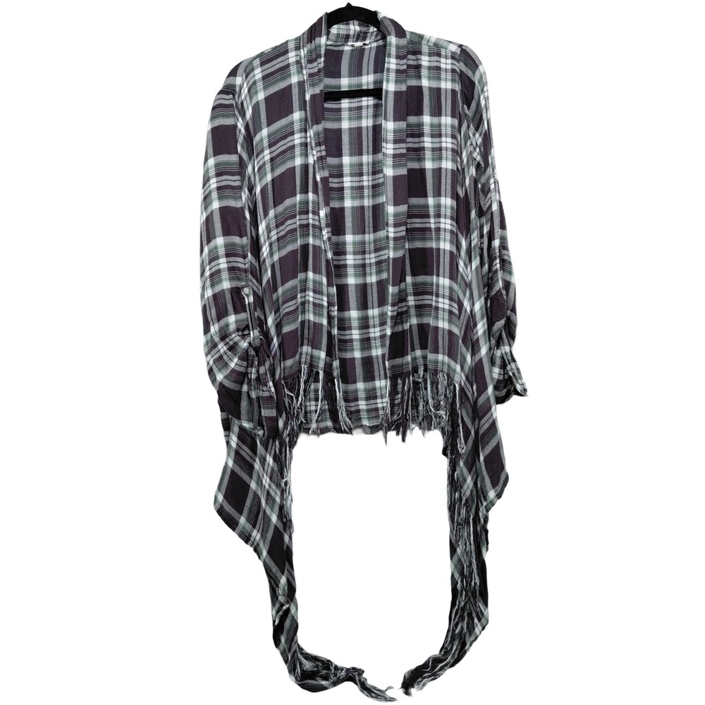 En Creme Plaid Open Front Waterfall Lightweight Cardigan Women's LG Tartan Plaid
